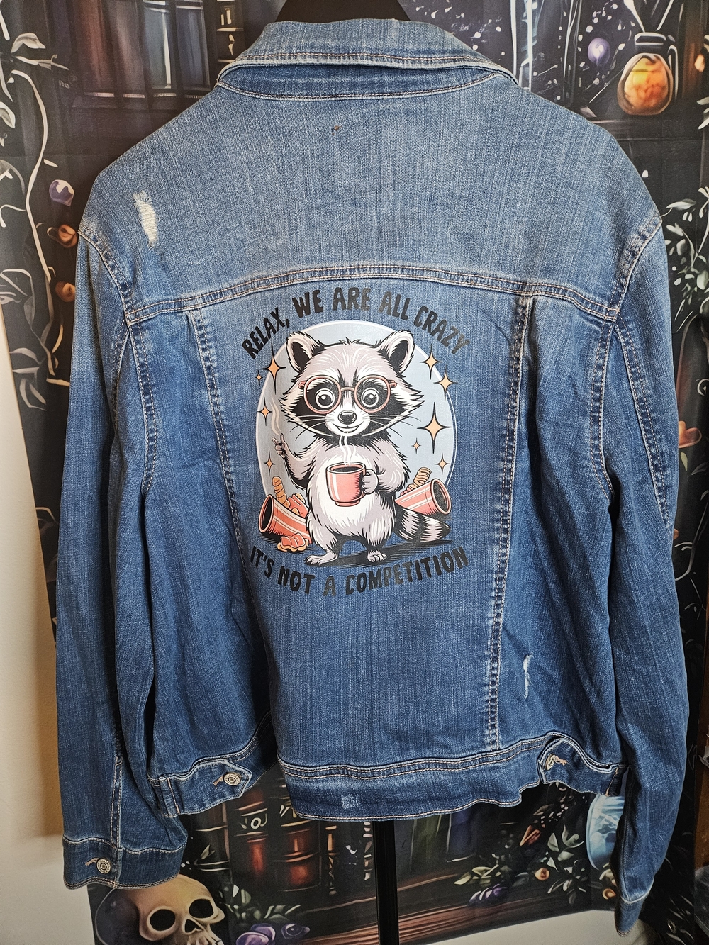 Relaxed Blue Denim Jacket with Raccoon Graphic